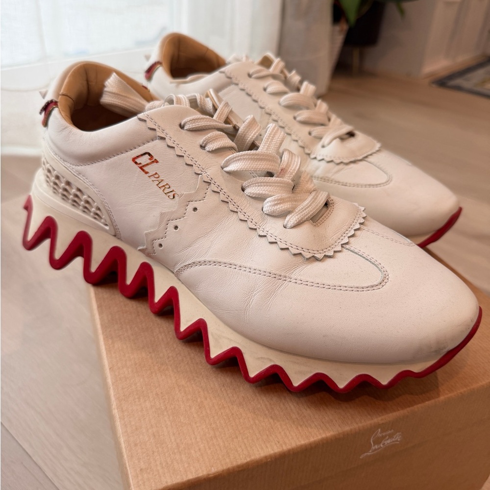 Christian Louboutin White and Red Spiked Sneakers - Picture 4 of 5